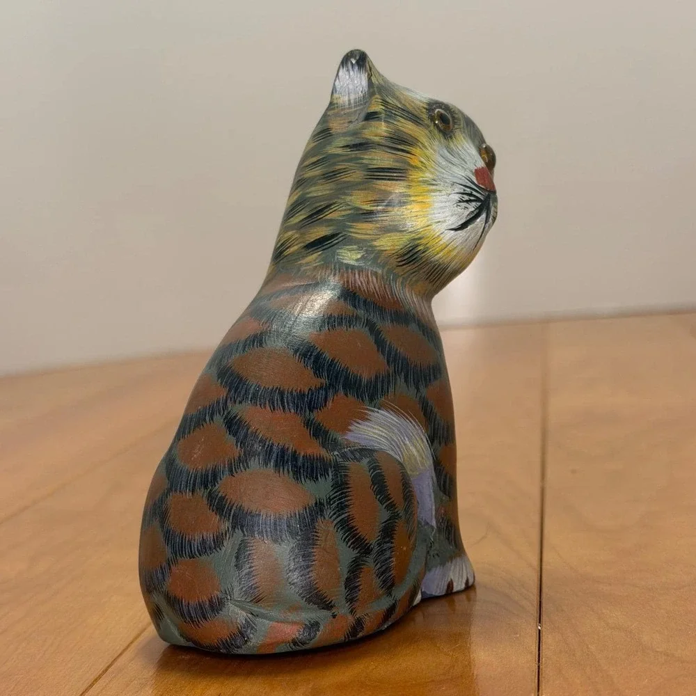 Hand Painted Wood Cat Figurine – Folk Art Tabby Sculpture w/ Amber Eyes 5